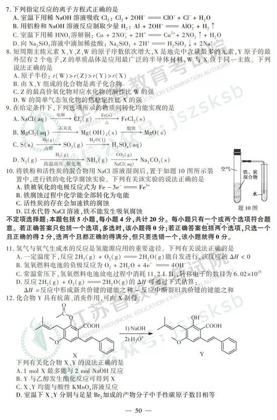 2019年高考化學(xué)真題及參考答案（江蘇卷）1