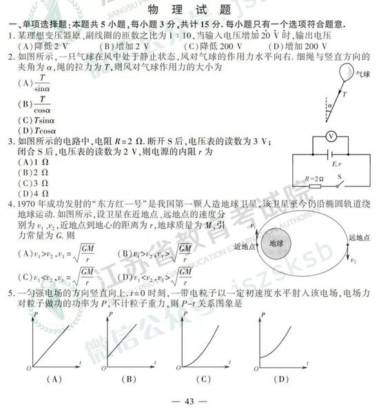 2019年高考物理真題及參考答案（江蘇卷）